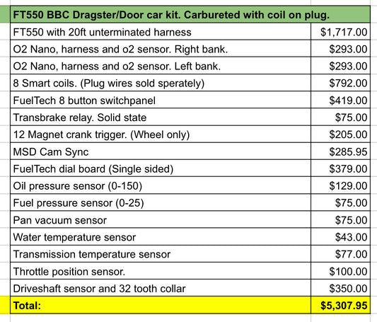 FT550 BBC Dragster/Door car kit. Carbureted with coil on plug.